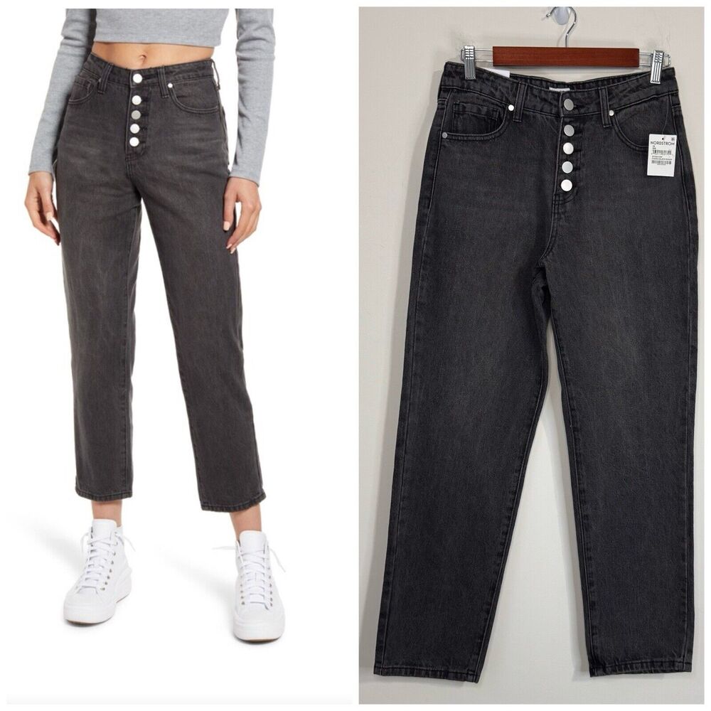 BP Nordstrom Button Fly Mom Jeans Size 28 Faded Black Straight Leg Cropped